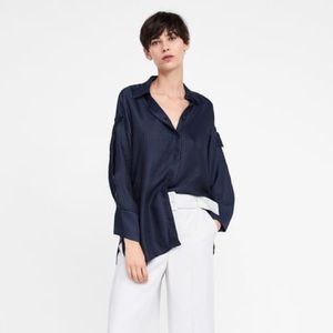 Zara Flowy Striped Blouse Navy Blue NWOT XS